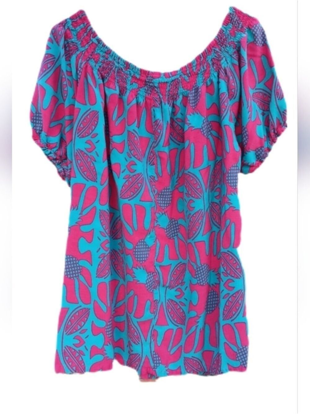 Hula Bay Blouse Vibrant Pink and Blue Hawaiian Print Size 2X